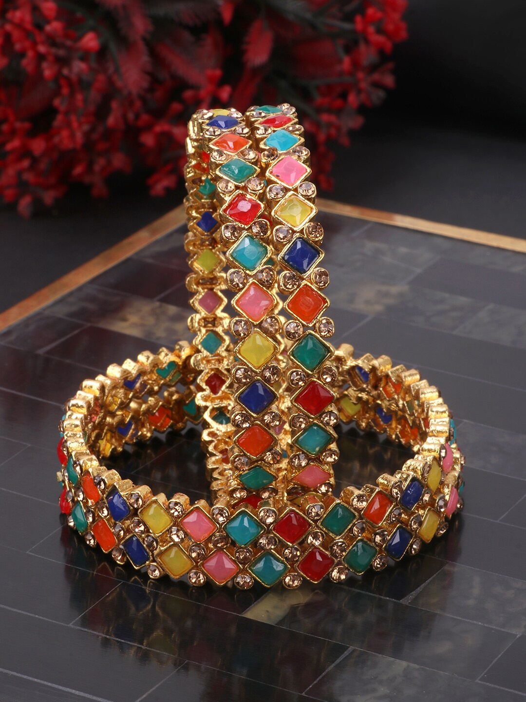 

JEWELS GEHNA Set Of 4 Gold-Plated Multi-Coloured Stone-Studded Handcrafted Bangles