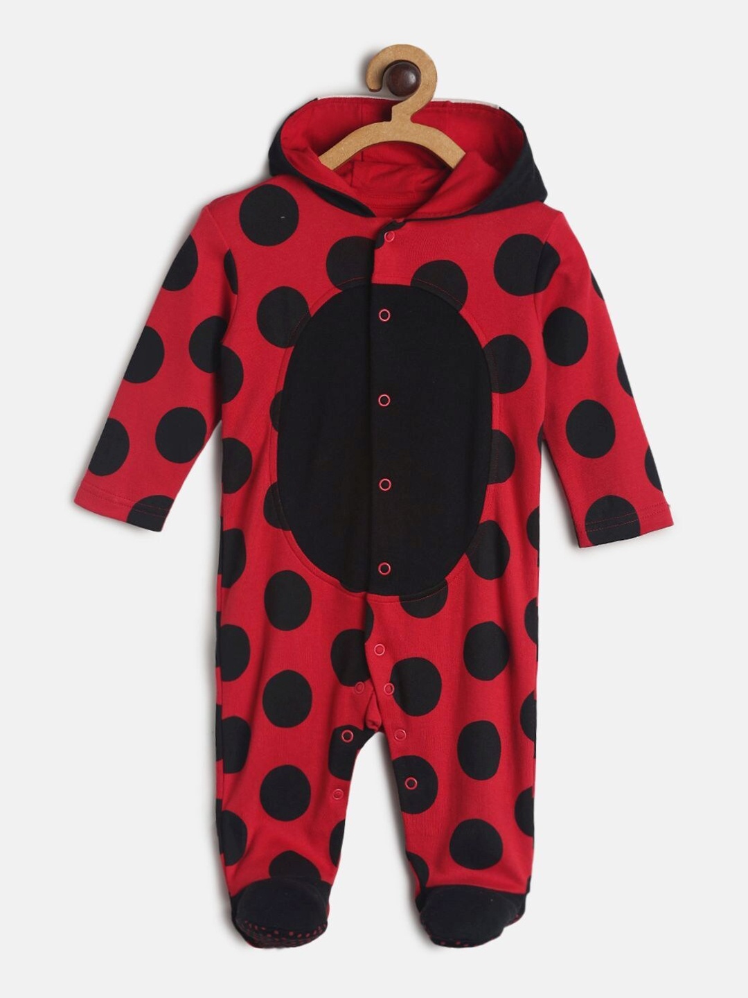 

MINI KLUB Infants Kids Red & Black Polka Dots Printed Cotton Hooded Sleepsuit