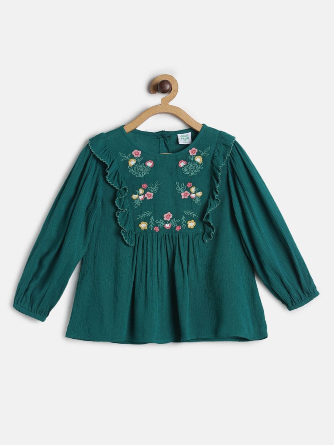 

MINI KLUB Girls Green & Pink Floral Embroidered Regular Top