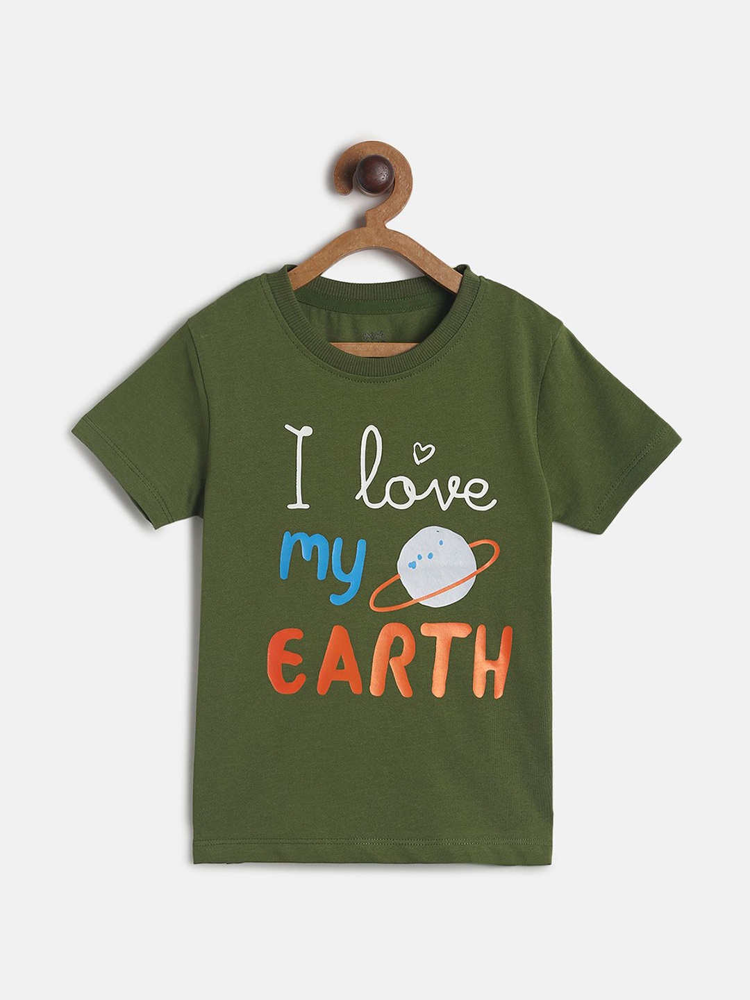 

MINI KLUB Boys Olive Green White Typography Printed Cotton Pure Cotton T-shirt