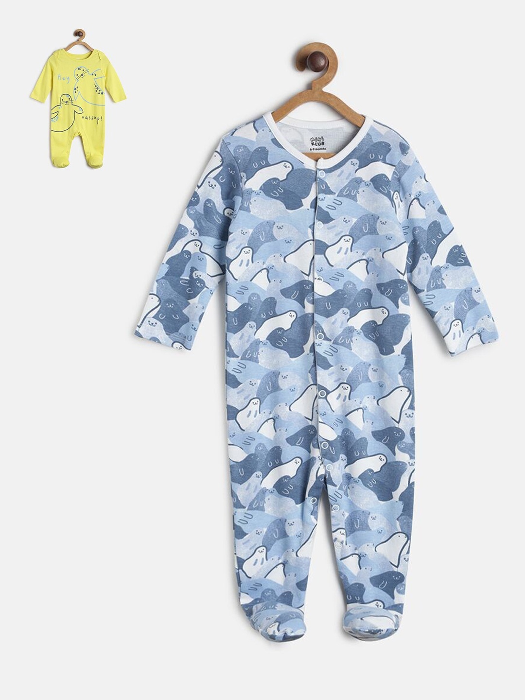 

MINI KLUB Infant Boys Set Of 2 Printed Pure Cotton Sleep Suits, Blue