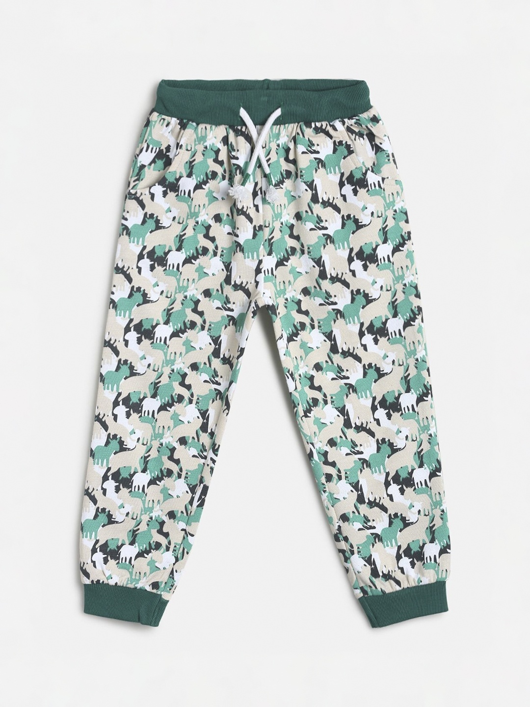 

MINI KLUB Infant Boys Green & Beige Printed Pure Cotton Joggers