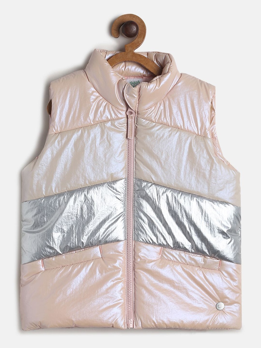 

MINI KLUB Girls Beige & Silver-Toned Colourblocked Lightweight Padded Jacket