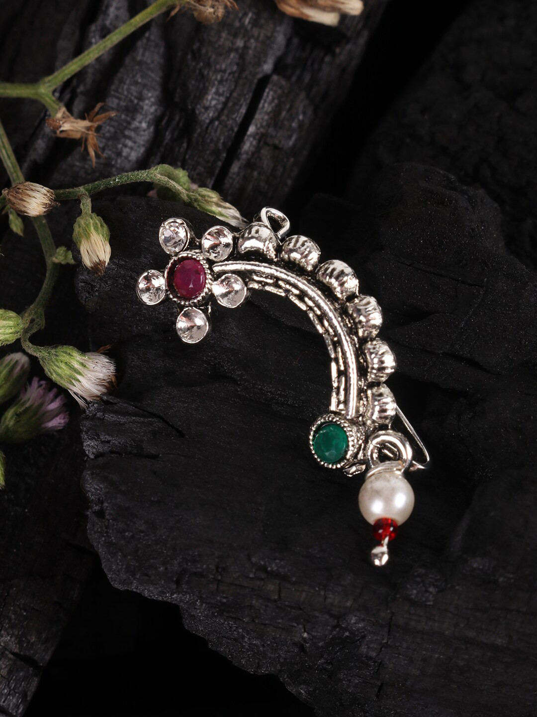 

JEWELS GEHNA Oxidised Silver-Toned & Pink CZ-Studded Maharashtrian Nath