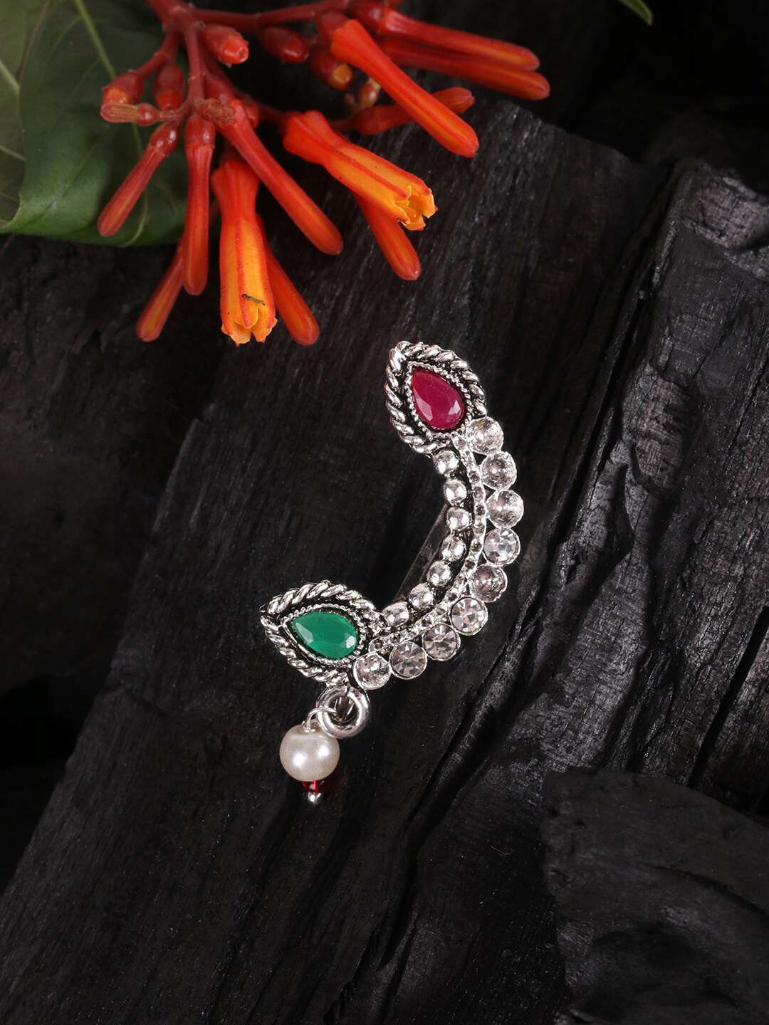 

JEWELS GEHNA Oxidized Silver-Toned & White CZ-Studded Beaded Traditional Stud Nath