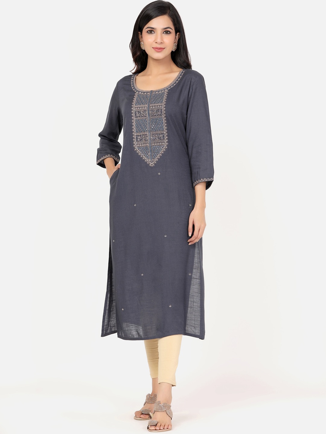 

PK Fashions Women Grey Yoke Embroidered Mirror Work A-line Kurta