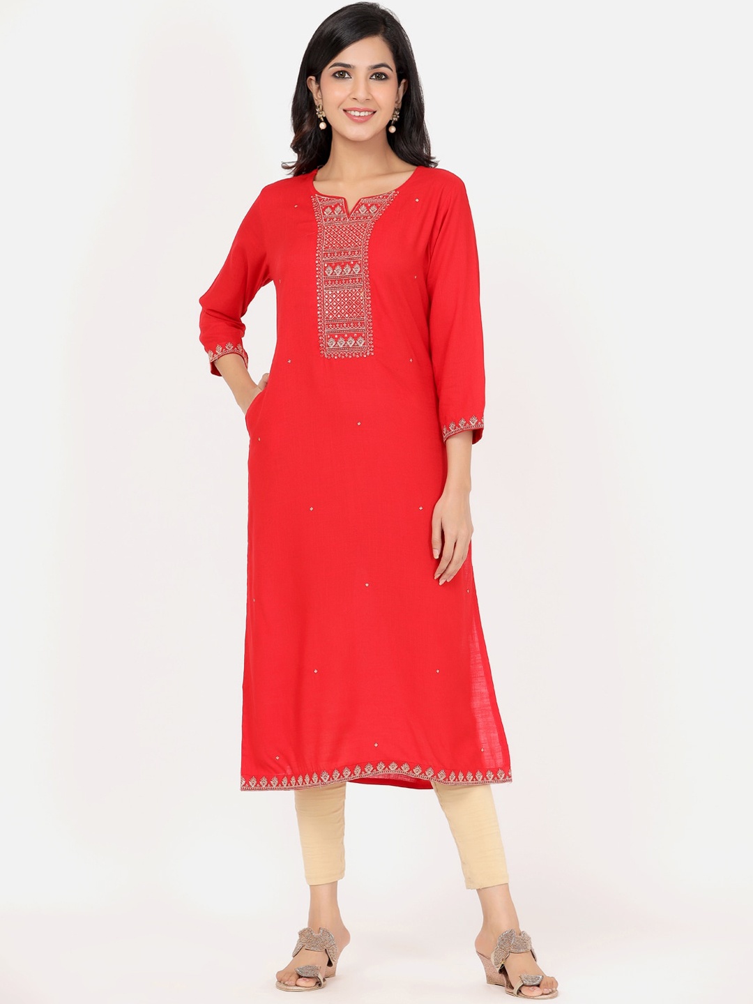 

PK Fashions Women Red Yoke Embroidered Mirror Work A-line Kurta