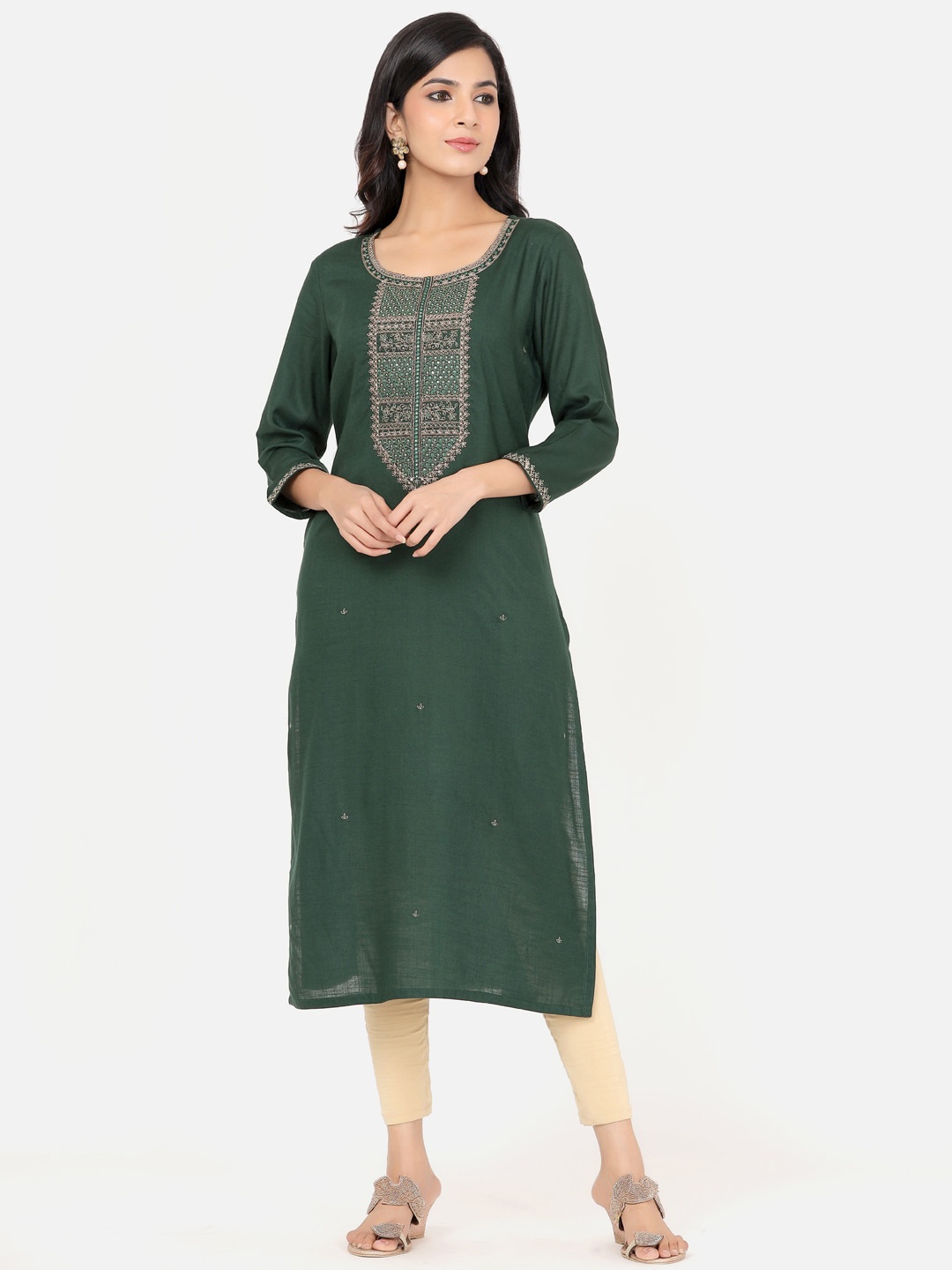 

PK Fashions Women Green Yoke Embroidered Mirror Work A-line Kurta