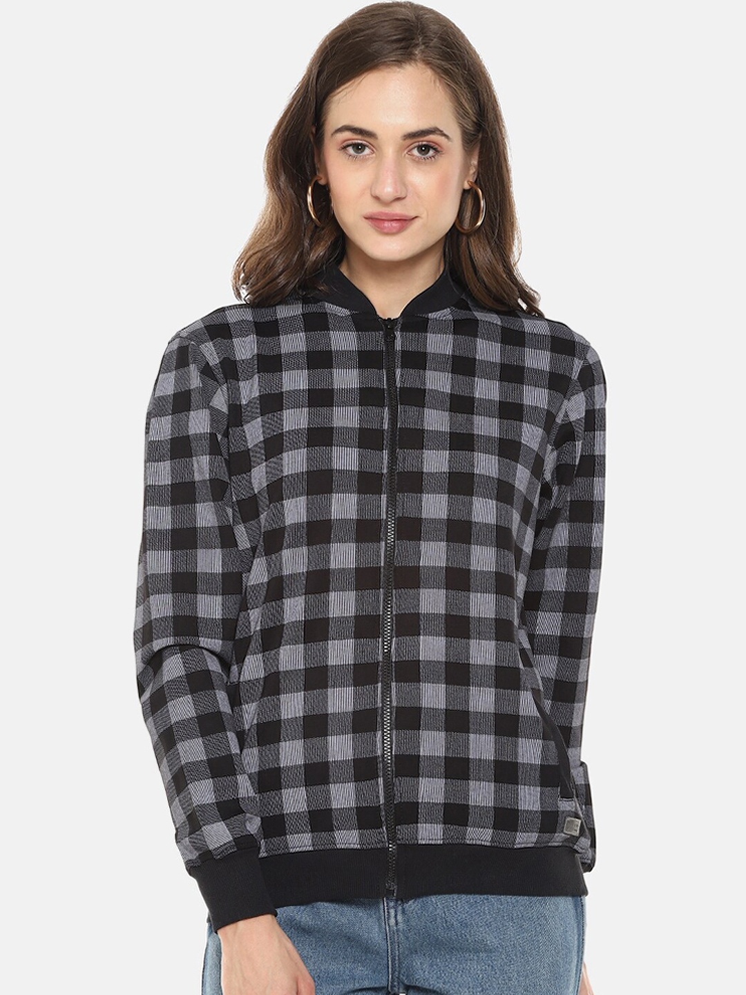 

Campus Sutra Women Black & Off White Checked Windcheater Bomber Jacket
