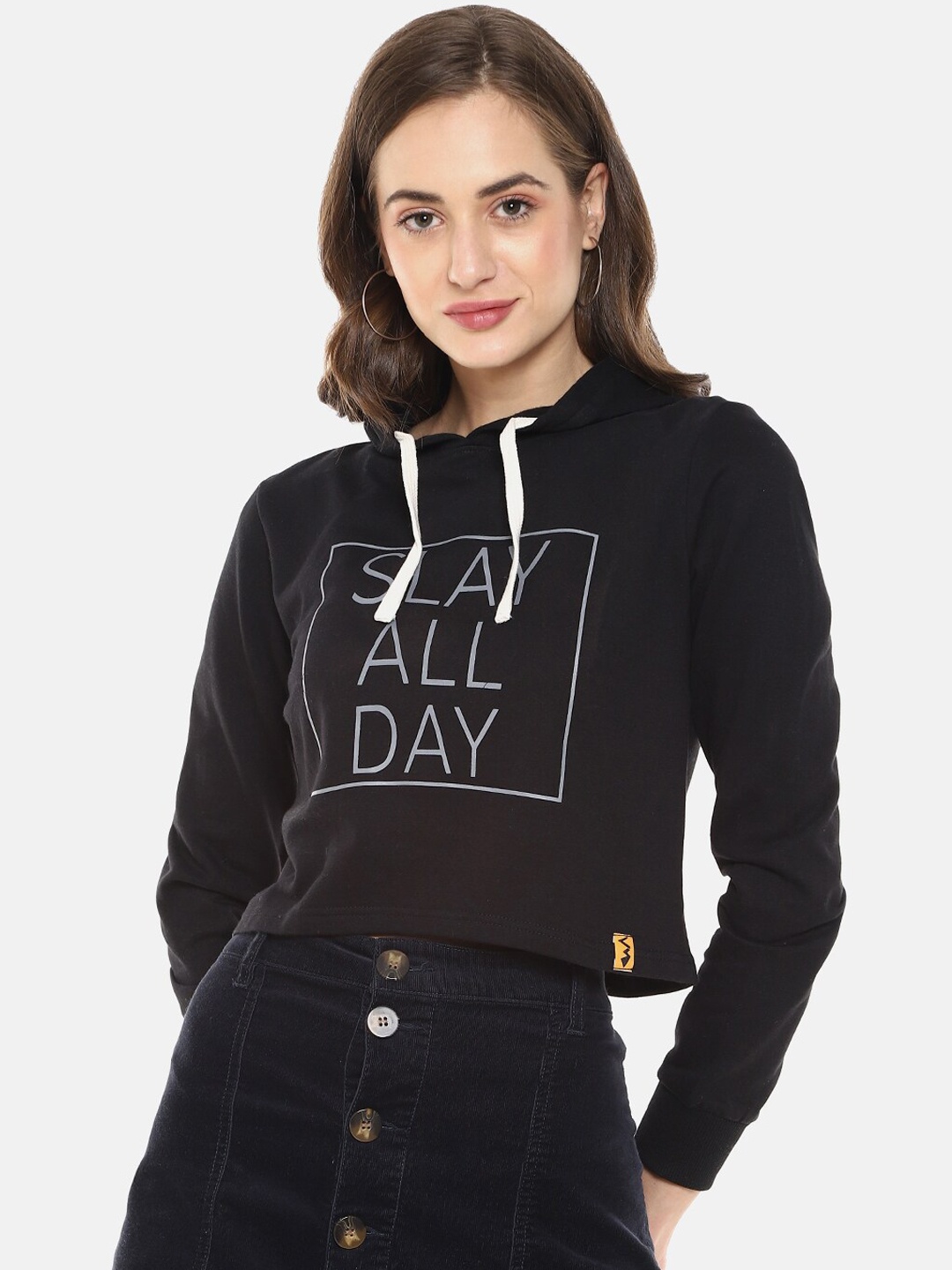 

Campus Sutra Women Black & White Typography Printed Hooded Crop Sweatshirt