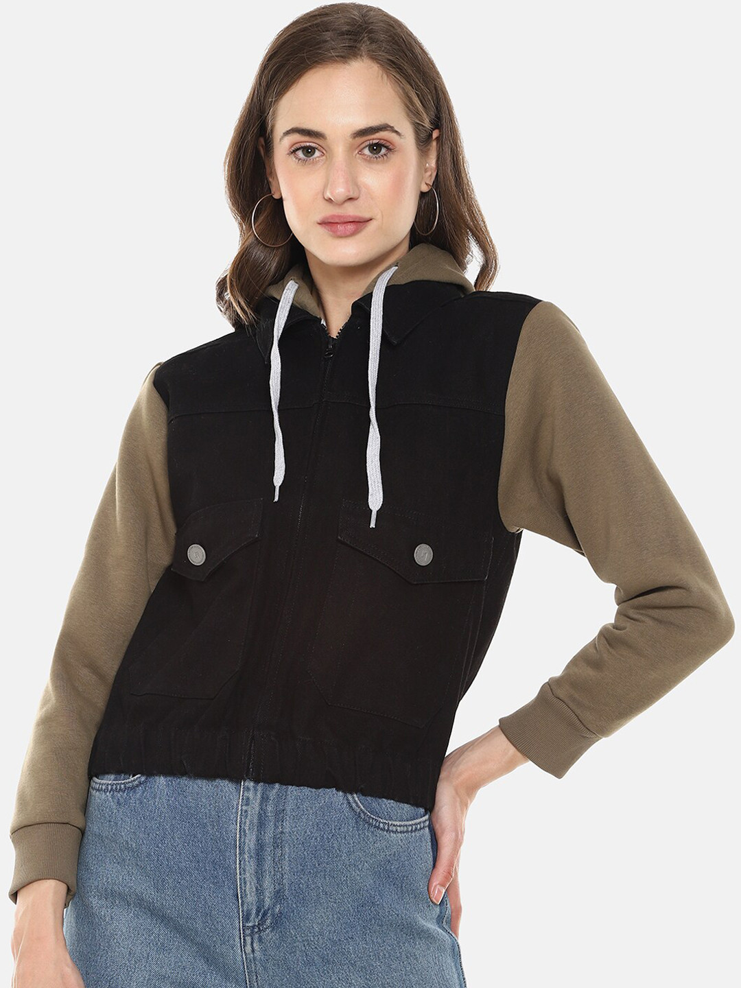 

Campus Sutra Women Black & Olive Green Windcheater Denim Jacket