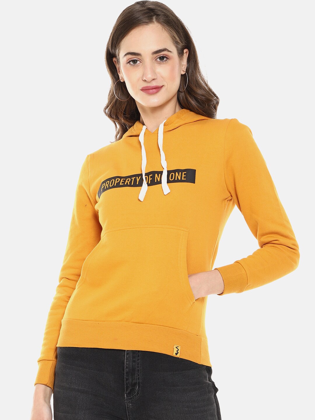 

Campus Sutra Women Mustard Yellow & Black Typography Printed Hooded Sweatshirt
