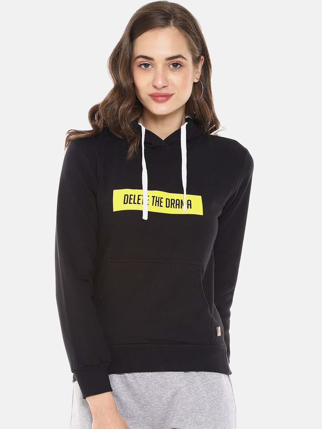 

Campus Sutra Women Black & Yellow Typography Printed Hooded Sweatshirt
