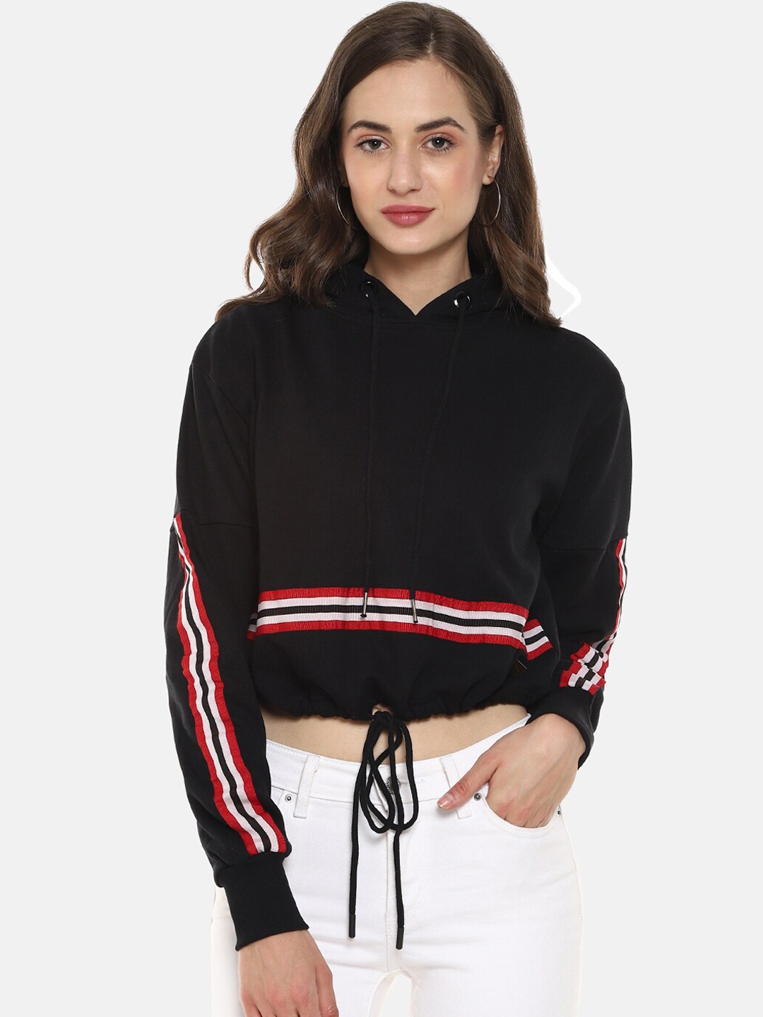 

Campus Sutra Women Black & Red Striped Cotton Hooded Sweatshirt