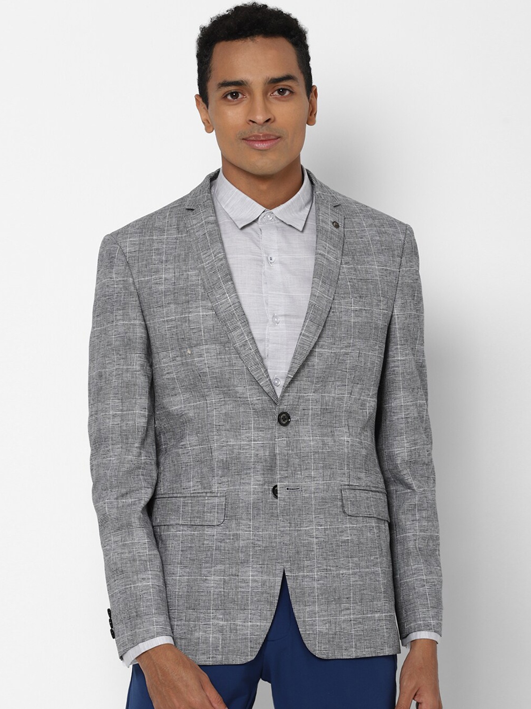 

Allen Solly Men Grey Checked Slim-Fit Single-Breasted Formal Blazer