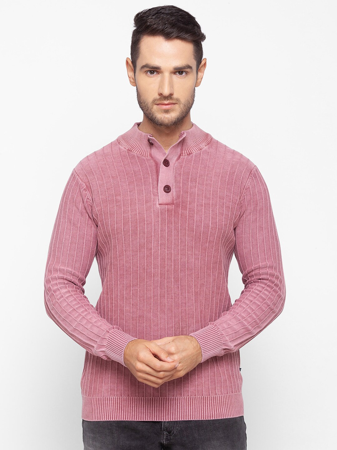 

SPYKAR Men Pink Striped Pure Cotton Pullover Sweater