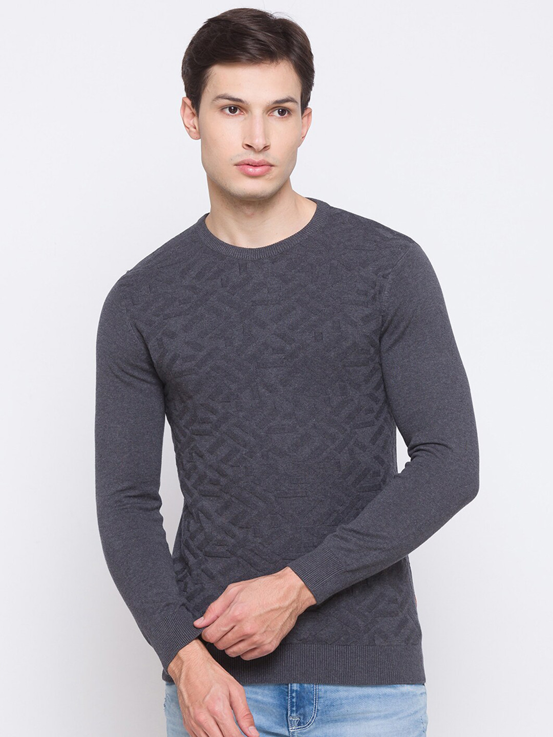 

SPYKAR Men Grey Pullover Pure Cotton Sweater