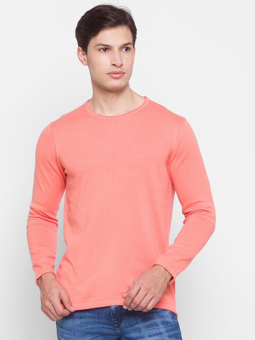 

SPYKAR Men Blue Solid Pullover Pure Cotton Sweater, Coral