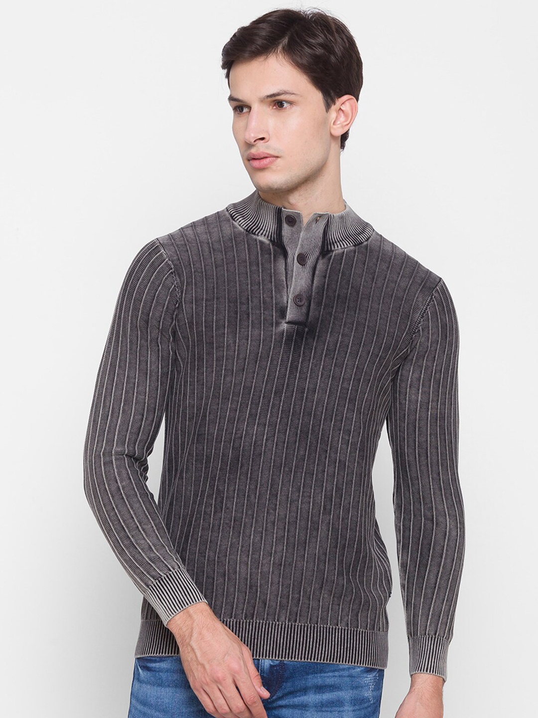 

SPYKAR Men Charcoal Striped Pullover Pure Cotton Sweater