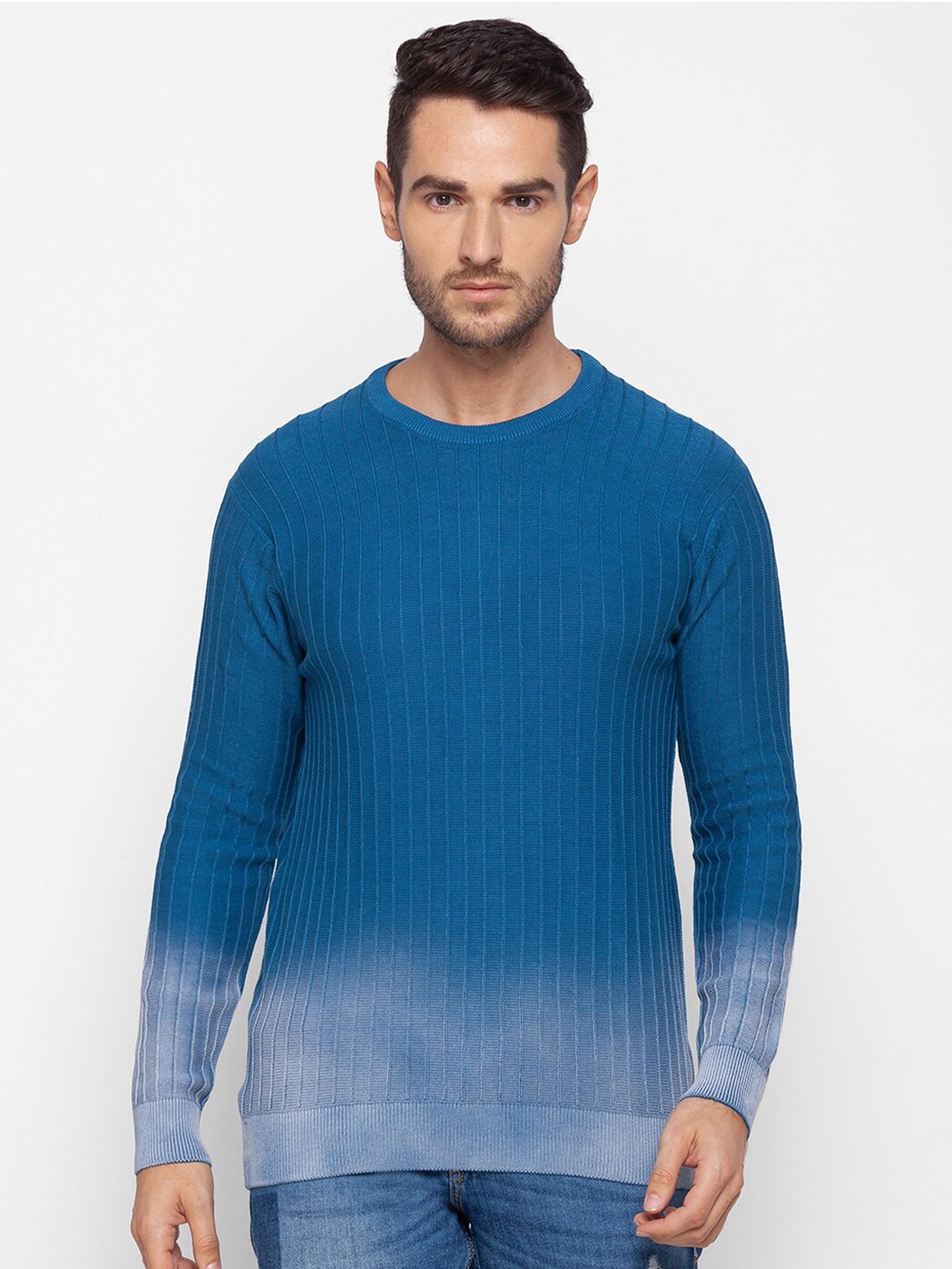 

SPYKAR Men Blue Ribbed Pullover Pure Cotton Sweater
