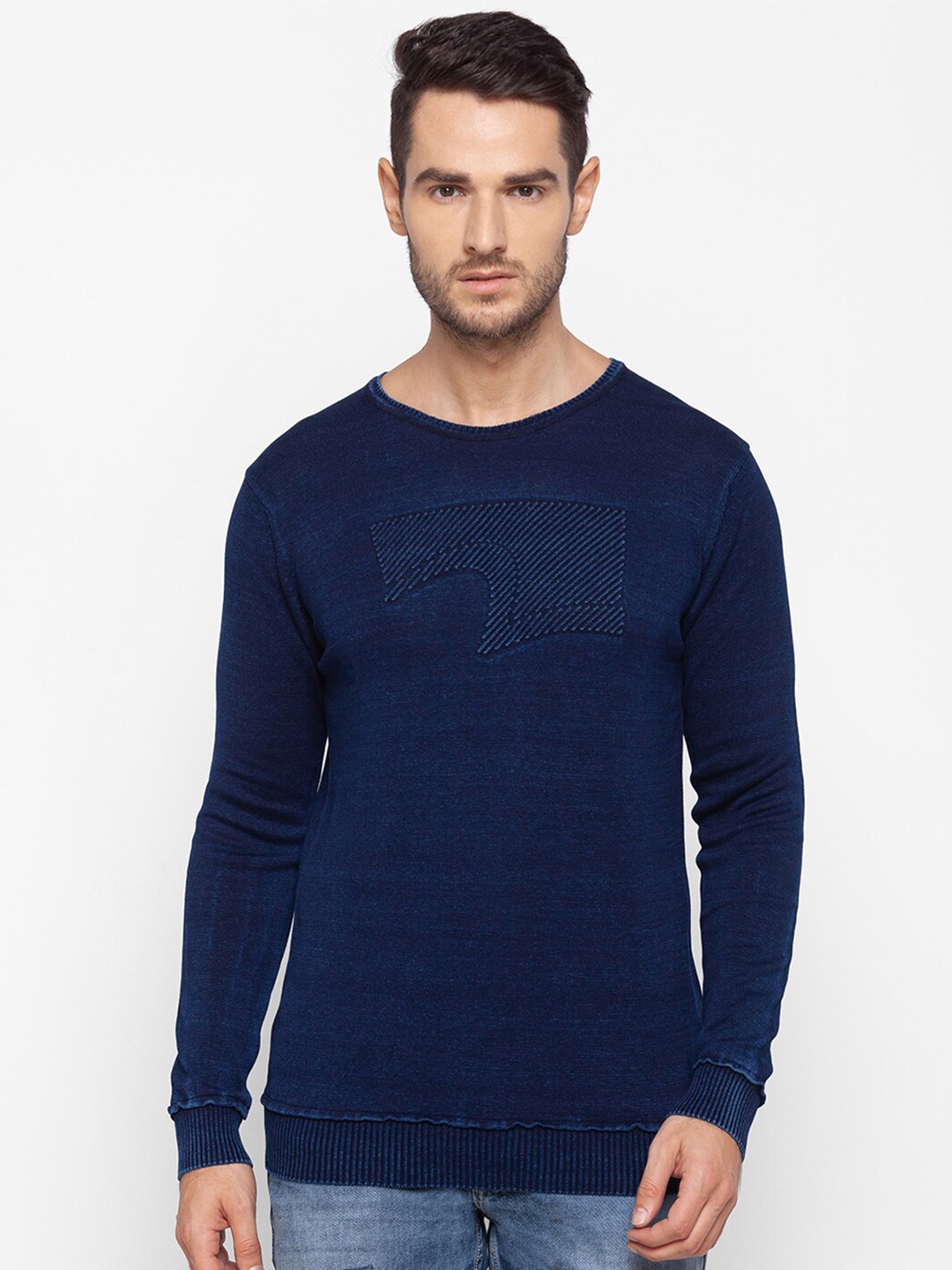 

SPYKAR Men Blue Cable Knit Pullover Pure Cotton Sweater