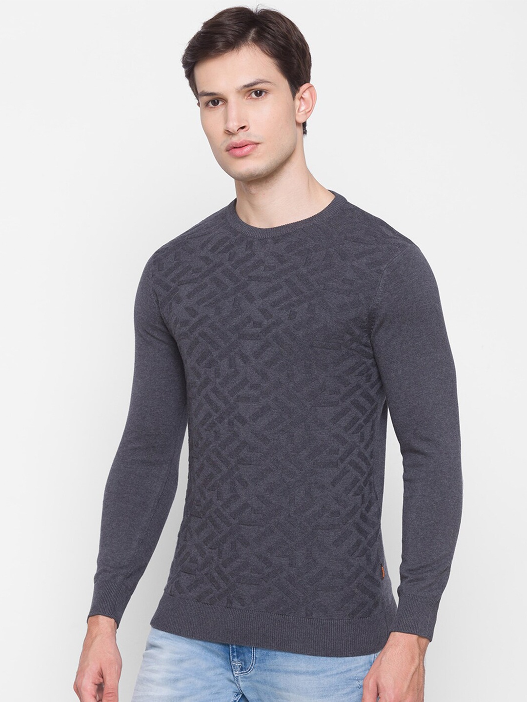 

SPYKAR Men Grey Pullover Pure Cotton Sweater