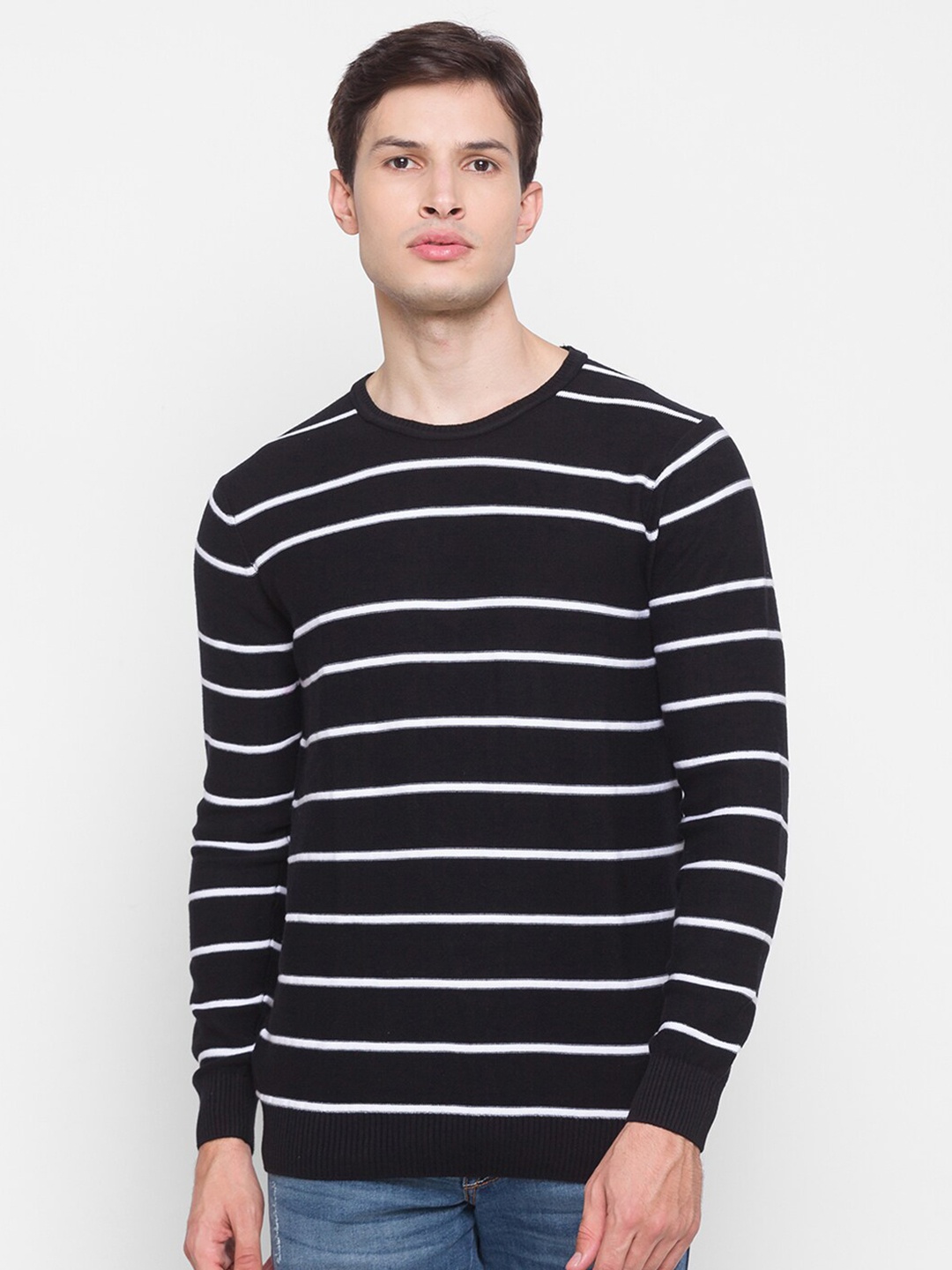 

SPYKAR Men Black & White Striped Pullover Pure Cotton Sweater