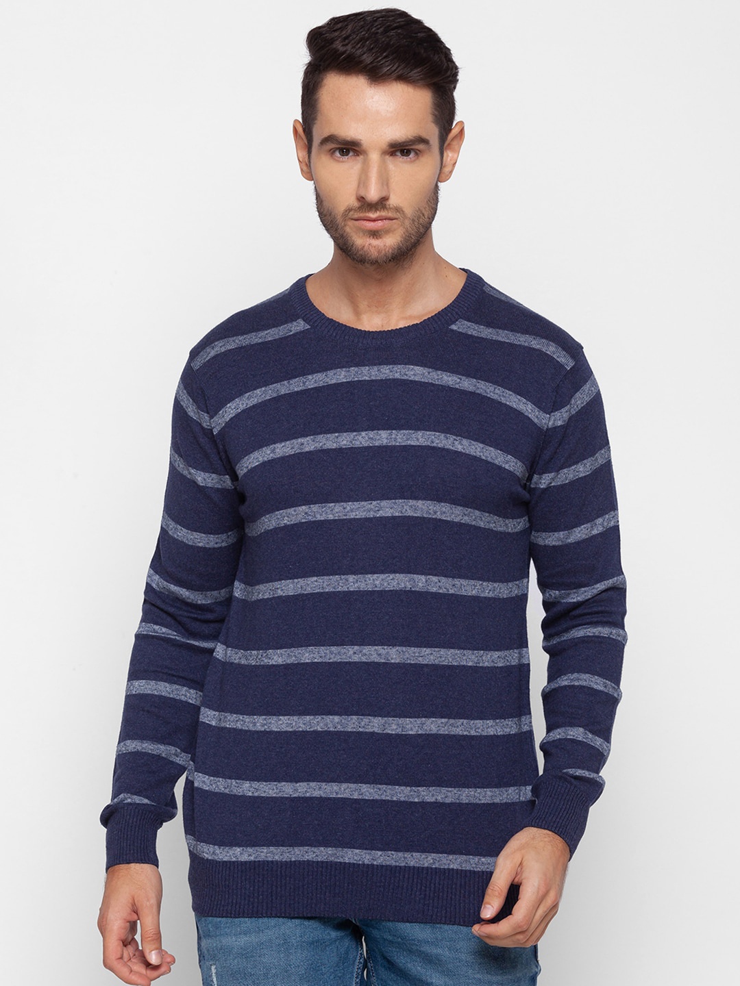 

SPYKAR Men Navy Blue & Grey Striped Pullover Pure Cotton Sweater