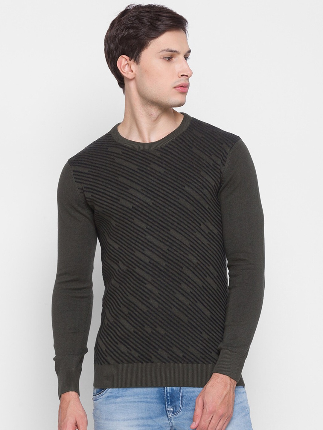 

SPYKAR Men Olive Green Striped Pullover Pure Cotton Sweater