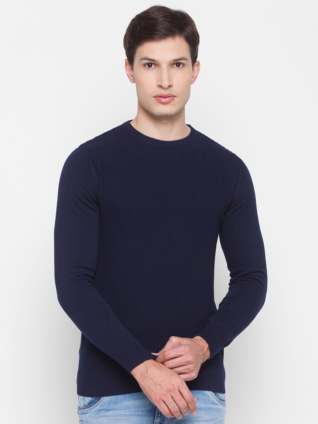 

SPYKAR Men Blue Printed Pullover Pure Cotton Sweater