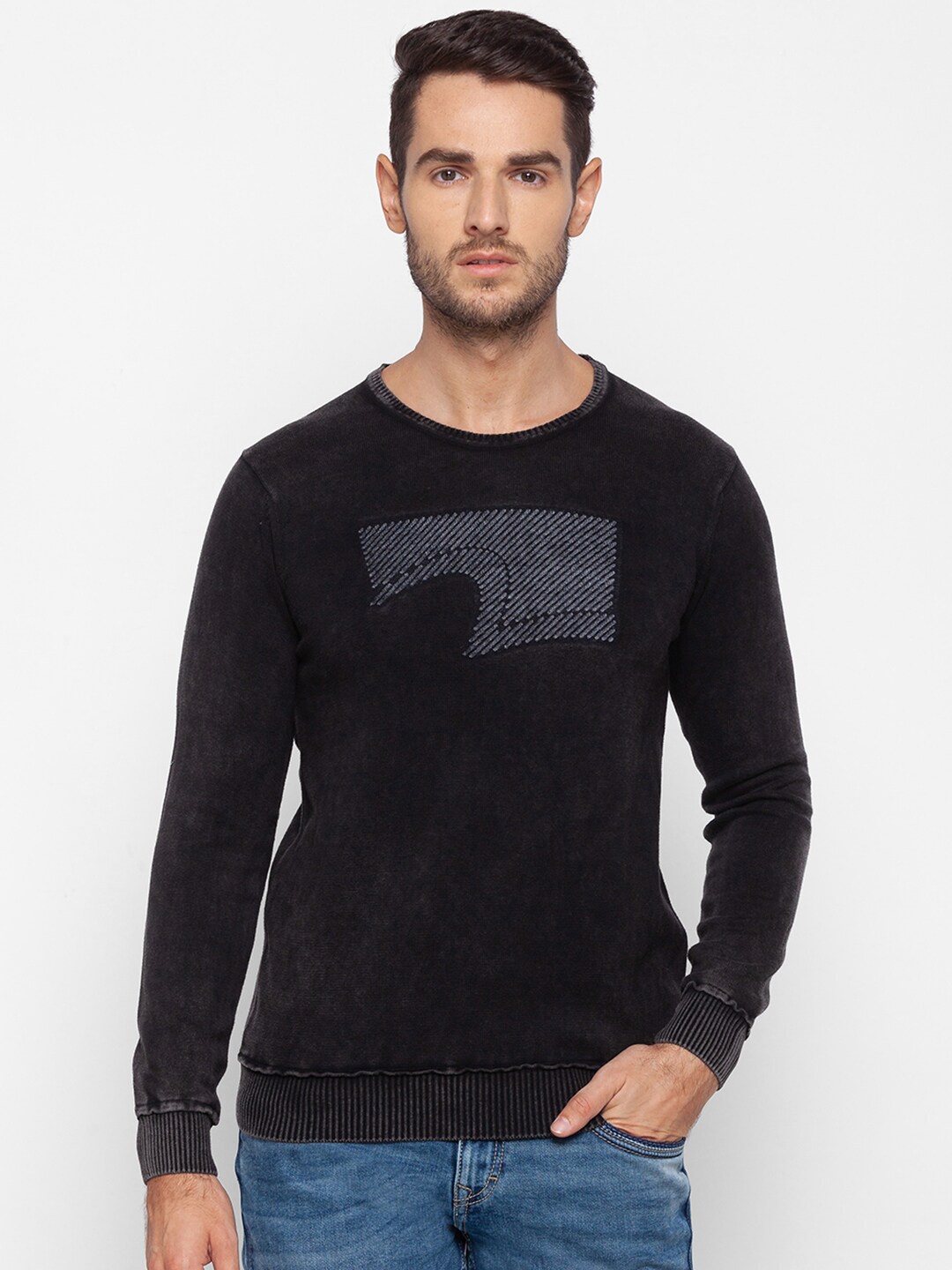 

SPYKAR Men Black & Grey Printed Pullover Pure Cotton Sweater