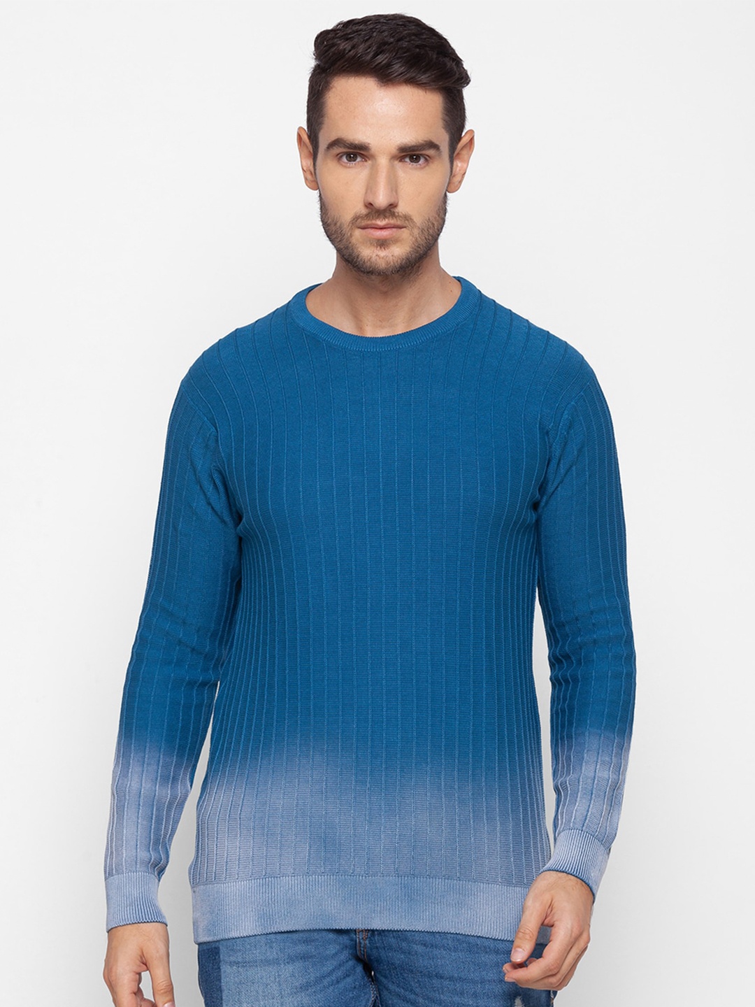 

SPYKAR Men Blue & Turquoise Blue Colourblocked Pullover Pure Cotton Sweater