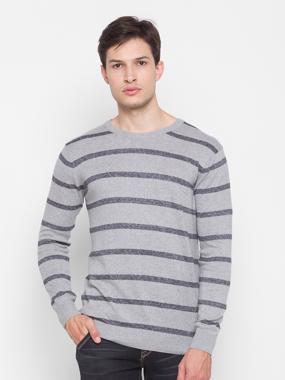 

SPYKAR Men Grey & Blue Striped Pullover Pure Cotton Sweater