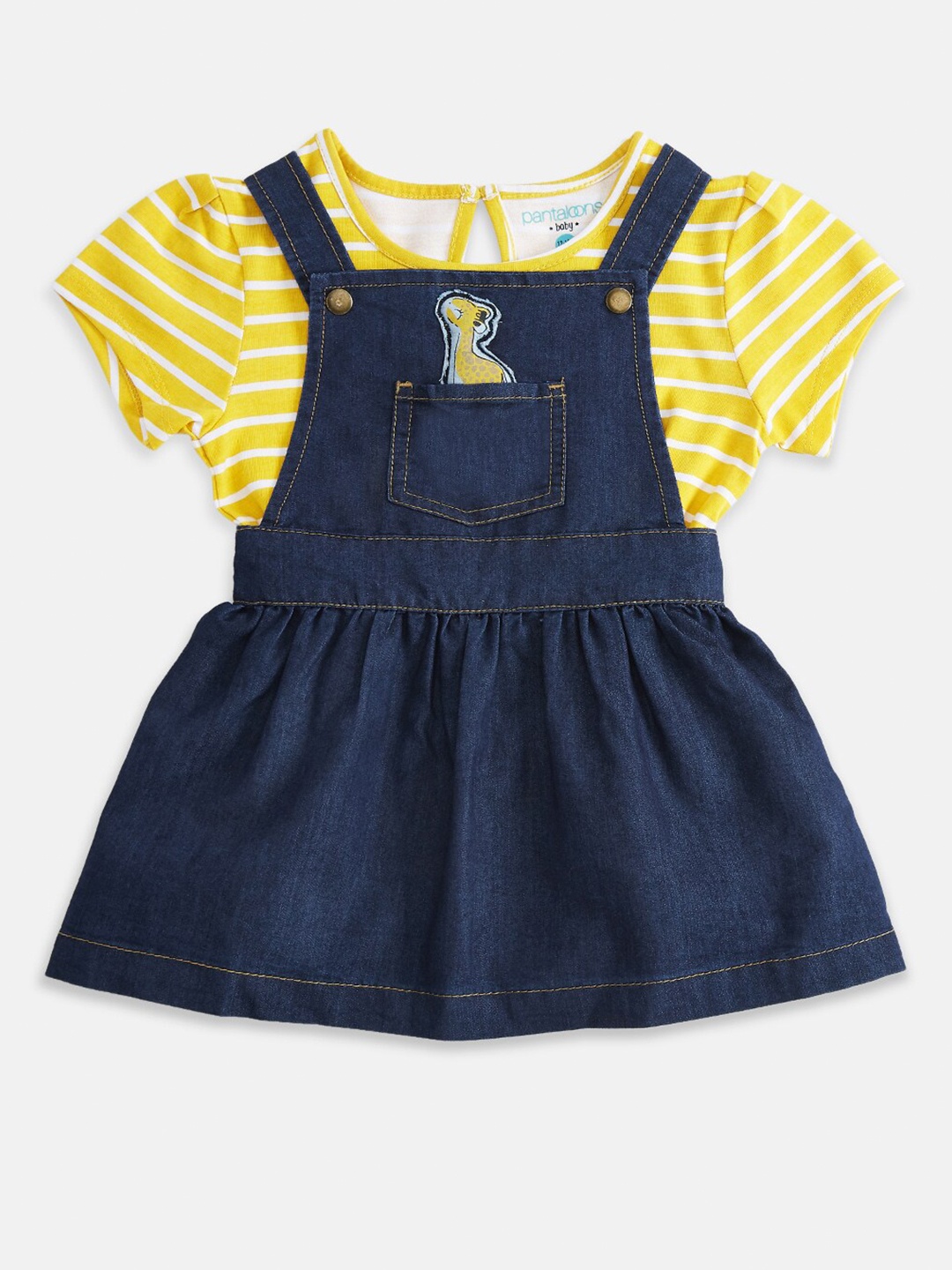 

Pantaloons Baby Girls Blue & Yellow Striped Top with Dungree Skirt