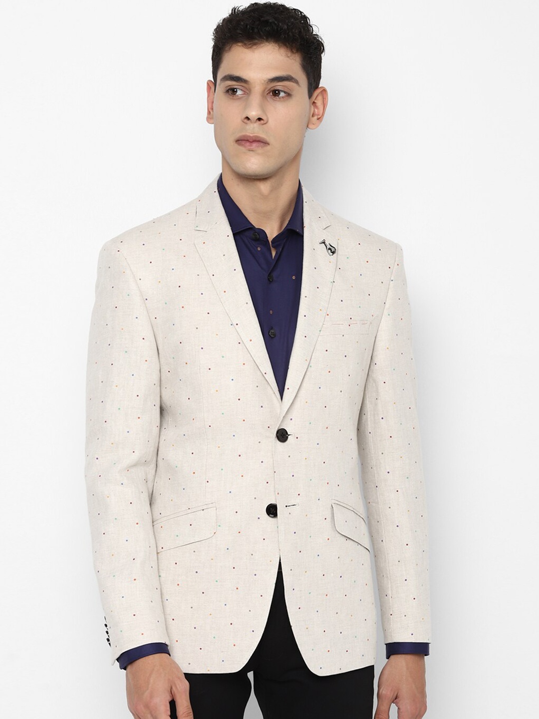 

SIMON CARTER LONDON Men Beige Printed Pure Linen Slim-Fit Single-Breasted Formal Blazer