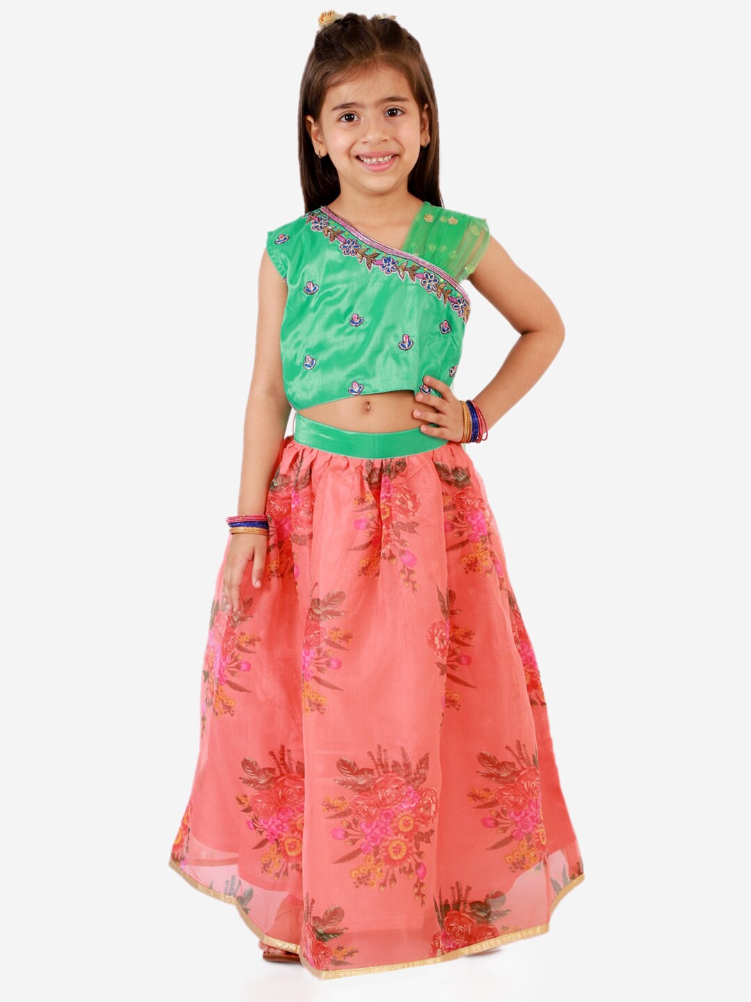 

KID1 Girls Green & Peach Embroidered Ready to Wear Lehenga & Blouse With Dupatta