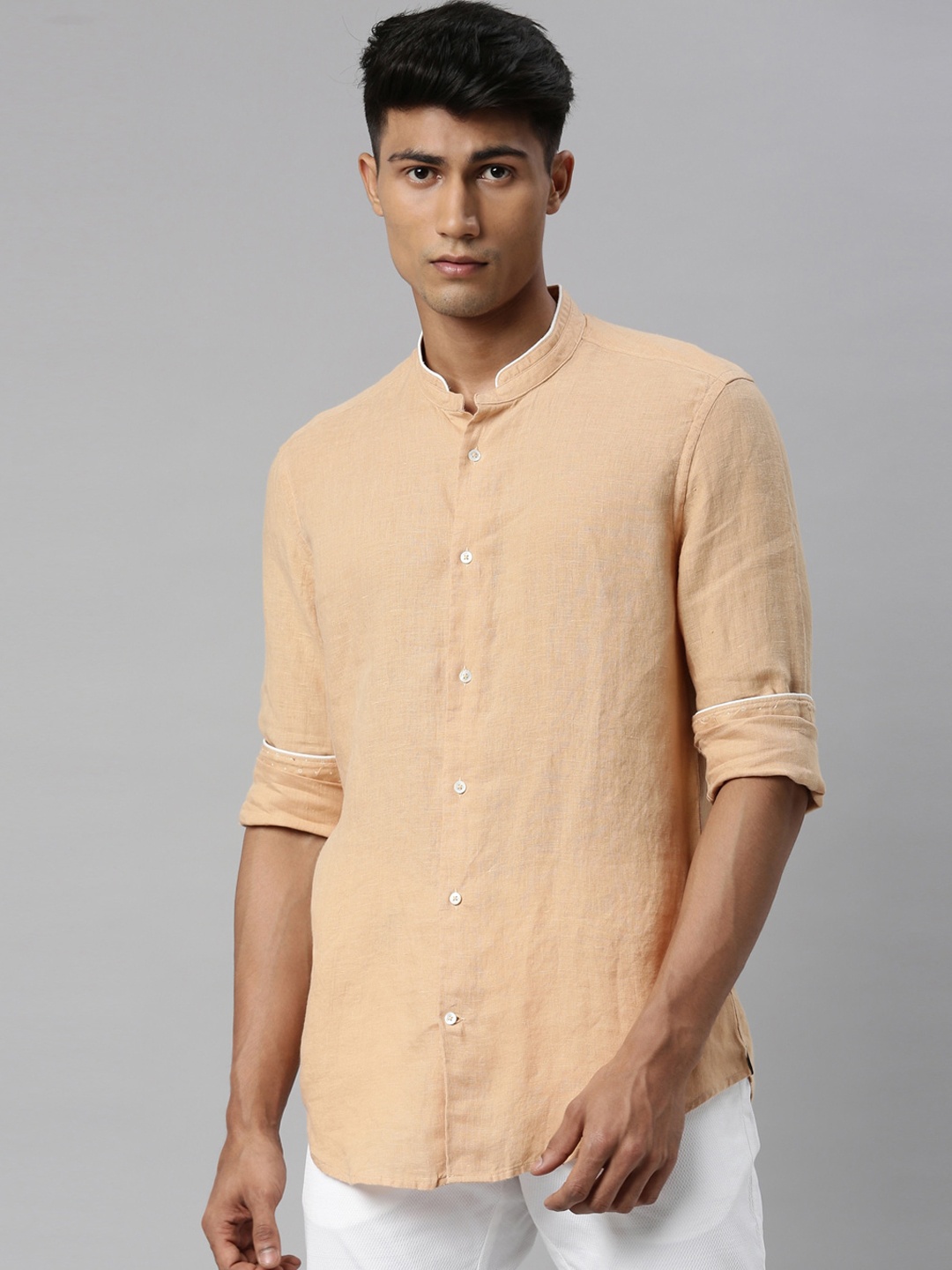 

RARE RABBIT Men Mandi Slim Fit Mandarin Collar Opaque Shirt, Beige
