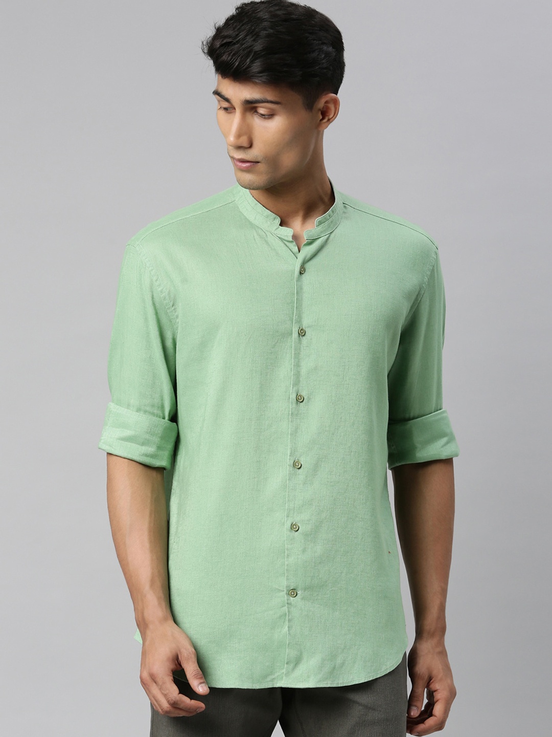 

RARE RABBIT Men Green Slim Fit Mandarin Collar Opaque Casual Shirt