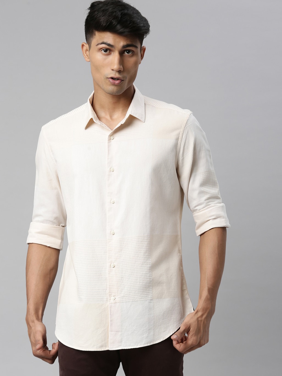 

RARE RABBIT Men Beige Slim Fit Opaque Striped Casual Shirt