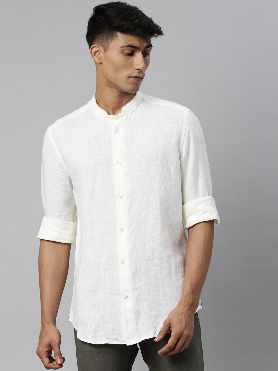

RARE RABBIT Men Mandi Slim Fit Mandarin Collar Opaque Shirt, Off white