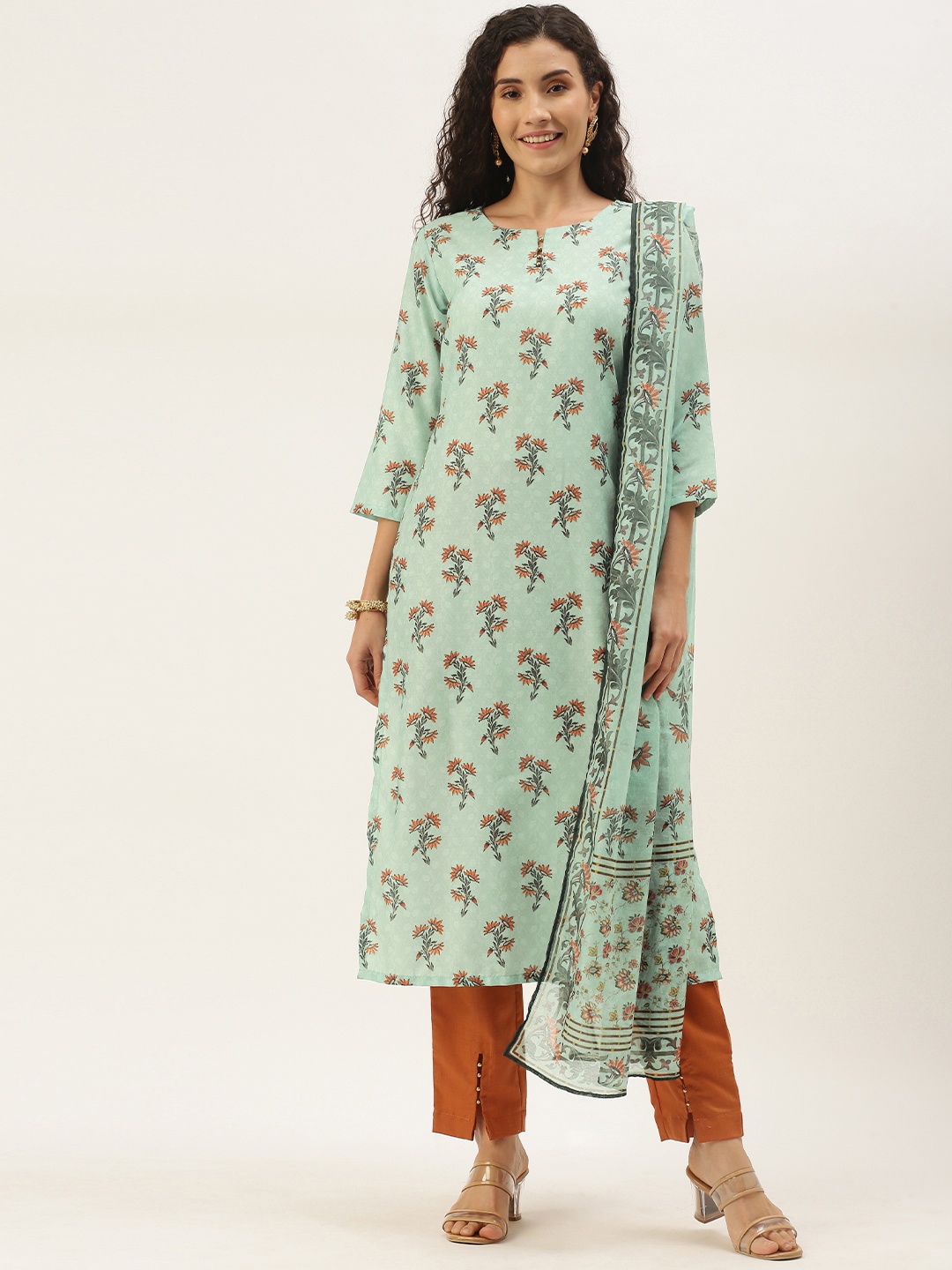 

shiloh Women Green & Rust Orange Ethnic Motifs Print Kurta with Trousers & Dupatta