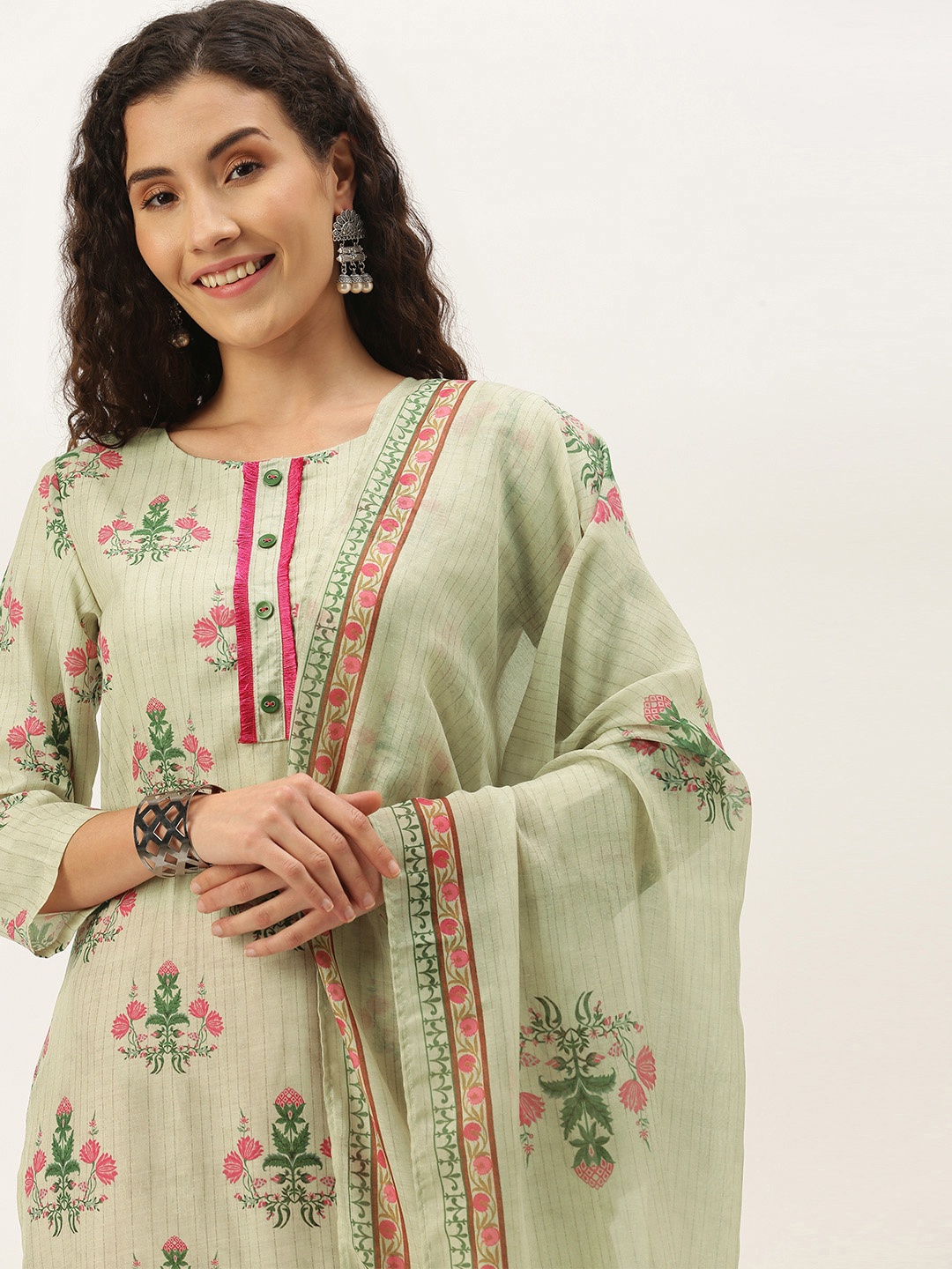 

shiloh Women Cream-Coloured & Pink Ethnic Motifs Print Kurta with Trousers & Dupatta