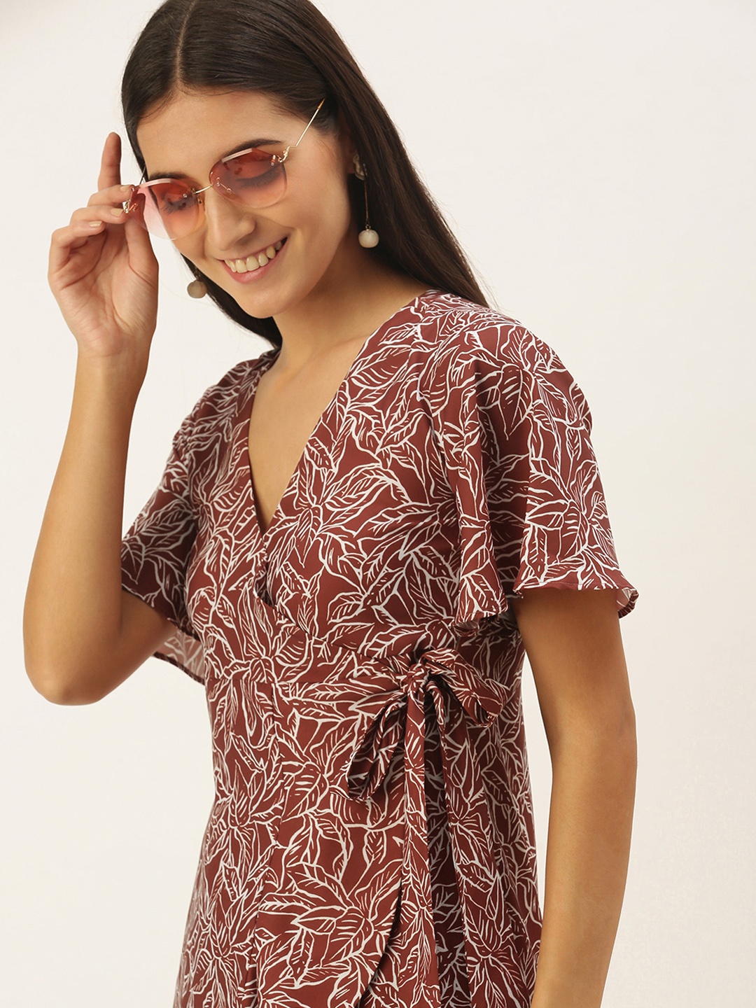 

MELOSO Women Rust Red & White Leaves Print Flared Sleeves Wrap Dress