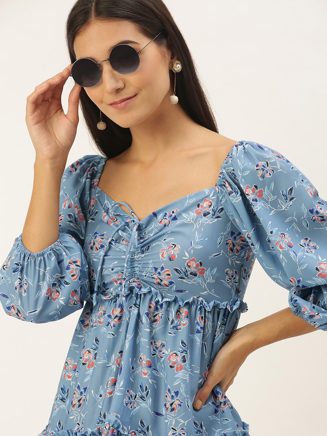 

MELOSO Women Blue & White Floral Print Tiered Fit and Flared Dress with Gathers