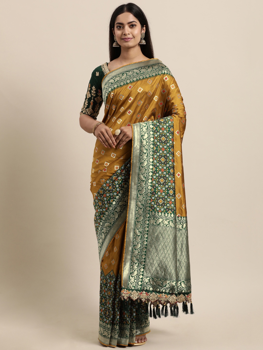 

Mitera Yellow & Green Ethnic Motifs Zari Jacquard Poly Silk Kanjeevaram Saree