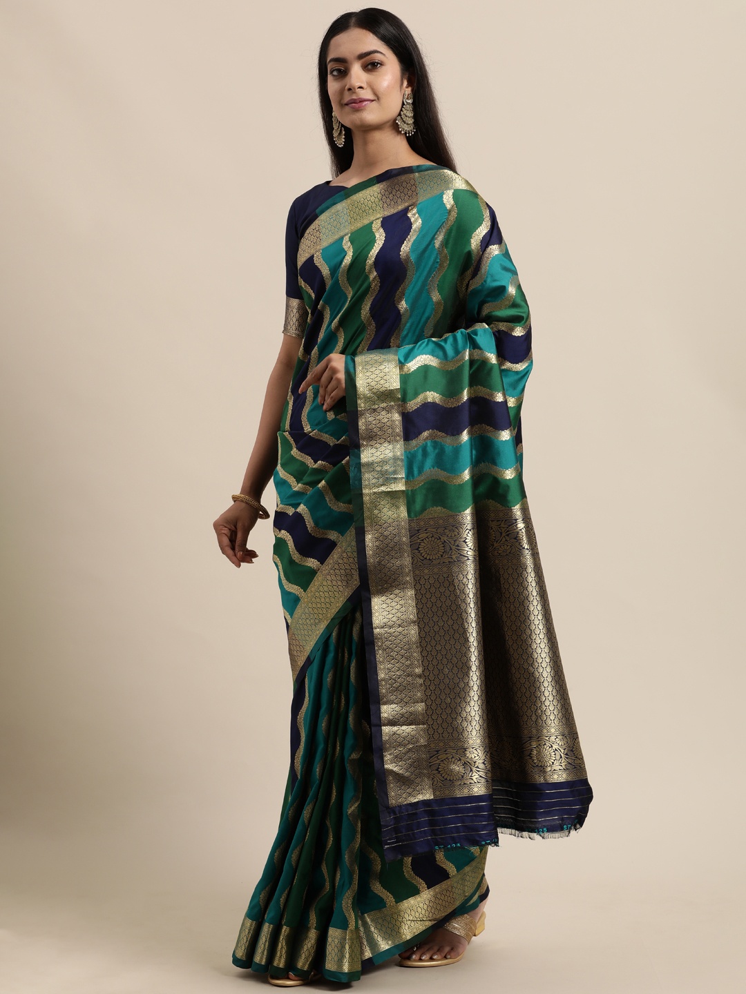 

Mitera Navy Blue & Green Woven Design Poly Silk Banarasi Saree