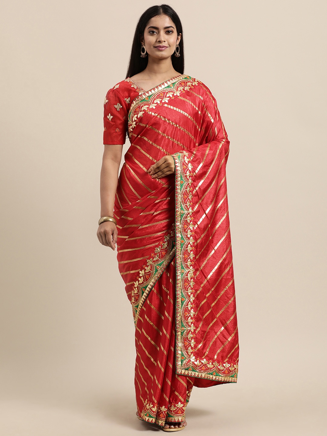 

Mitera Red & Gold-Toned Leheriya Foil Printed Poly Silk Saree