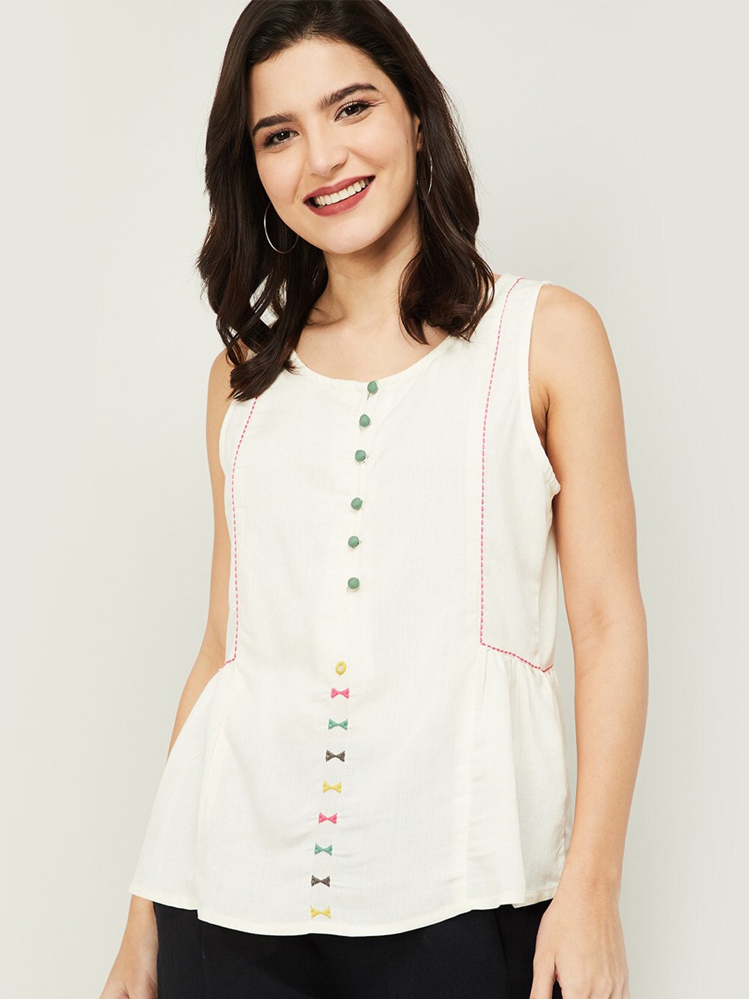 

Colour Me by Melange Off White Pleated & Thread Worked A-Line Top