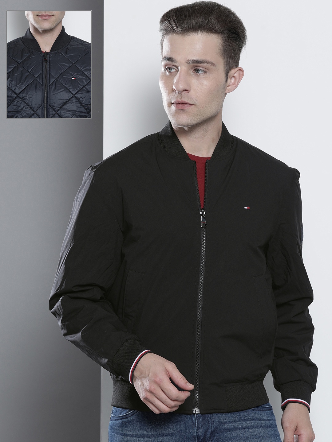

Tommy Hilfiger Men Black And Navy-Blue Reversible Bomber Jacket