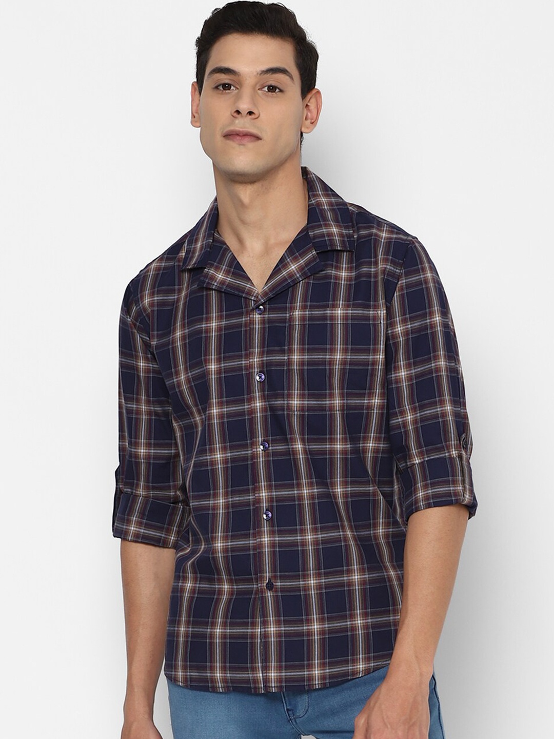

FOREVER 21 Men Navy Blue Classic Fit Opaque Tartan Checked Cotton Casual Shirt